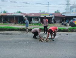 Beri Rasa Aman Bagi Pengendara, Personel Polsek Muara Satu Bersama Warga Tambal Jalan Berlubang